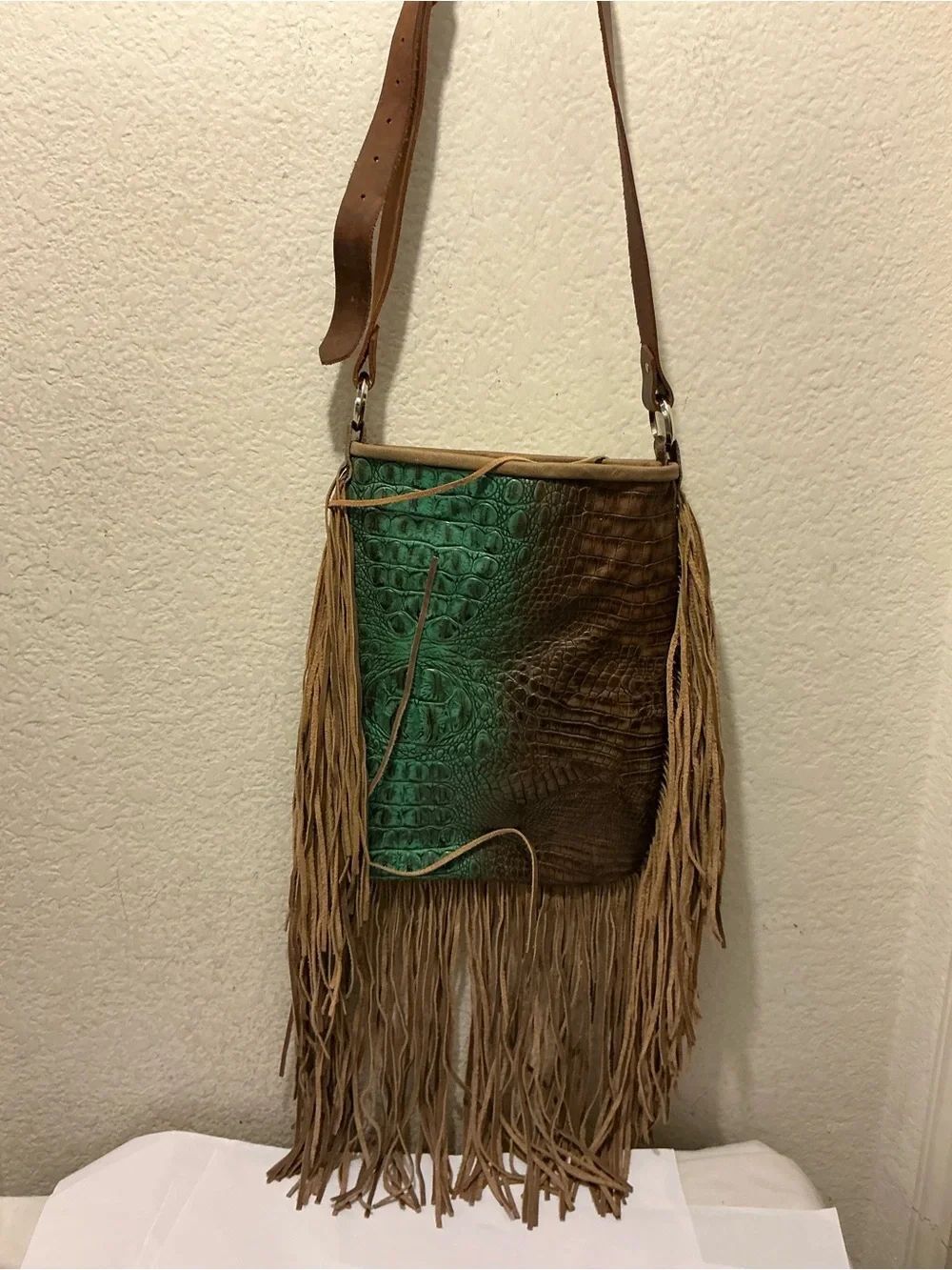 Hide Junkie Western Long Fringe Crossbody Bag Handmade Leather  Croc-Embossed